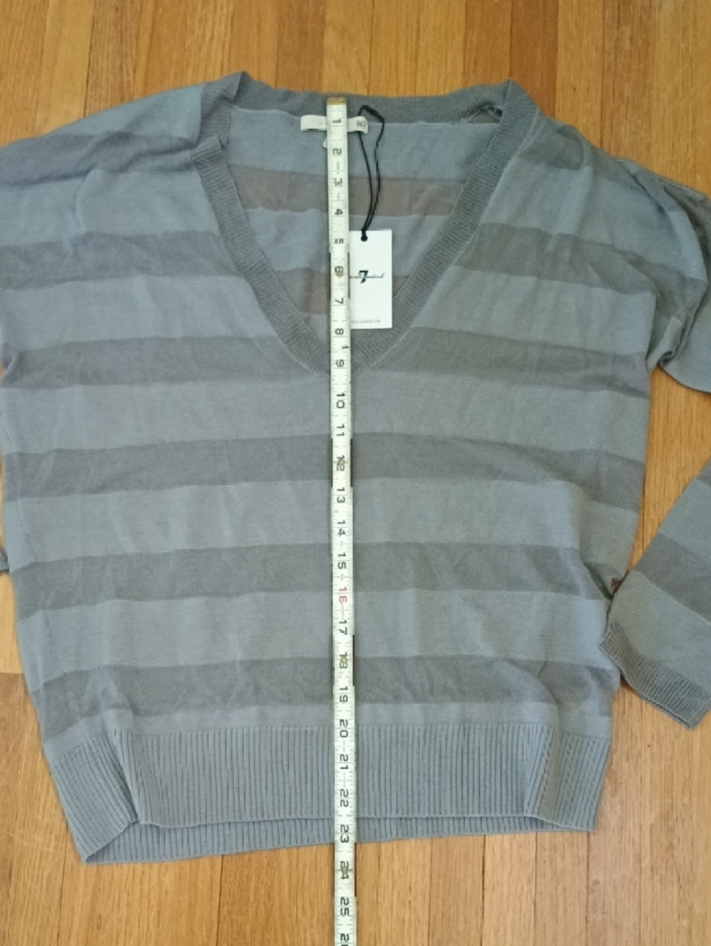 7 For All Mankind Light Gray Striped V-Neck Sweater - Picture 5 of 6